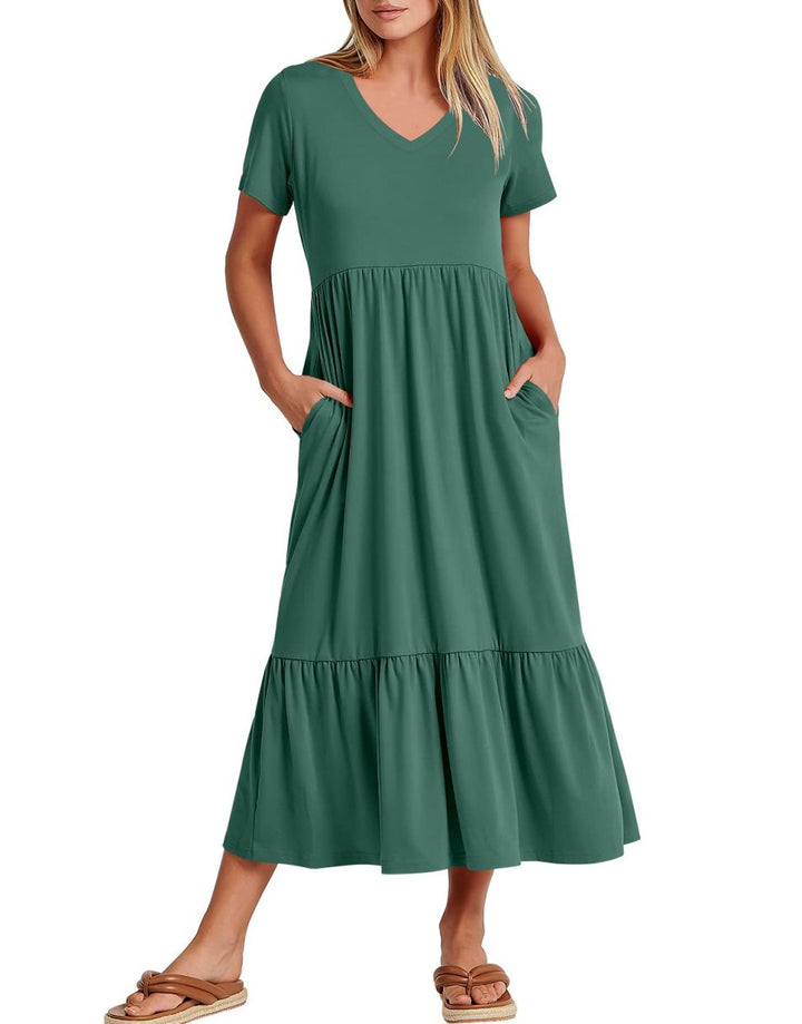 ANRABESS V-Neck Tiered Maxi Beach Dress with Pockets