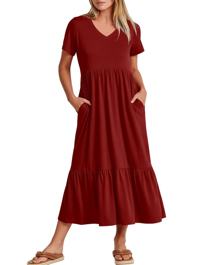ANRABESS V-Neck Tiered Maxi Beach Dress with Pockets