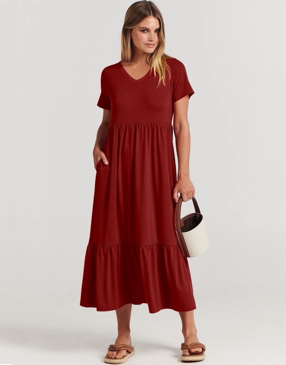 ANRABESS V-Neck Tiered Maxi Beach Dress with Pockets