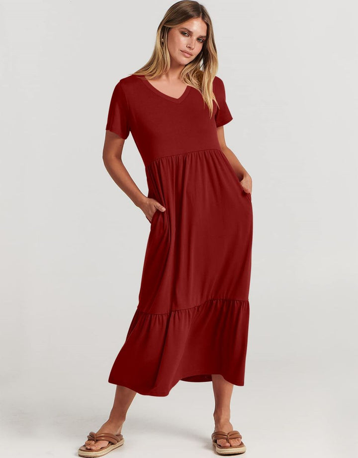 ANRABESS V-Neck Tiered Maxi Beach Dress with Pockets