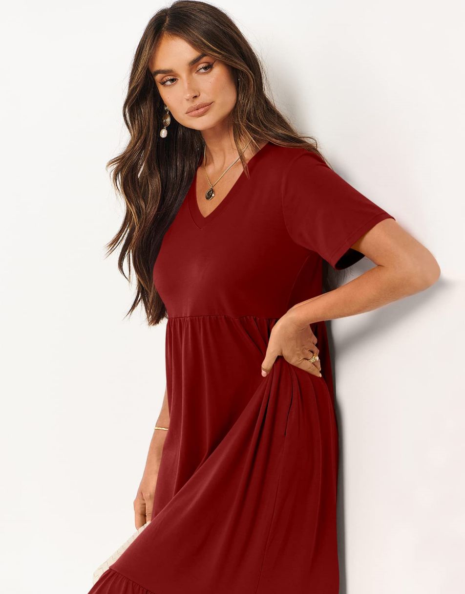 ANRABESS V-Neck Tiered Maxi Beach Dress with Pockets