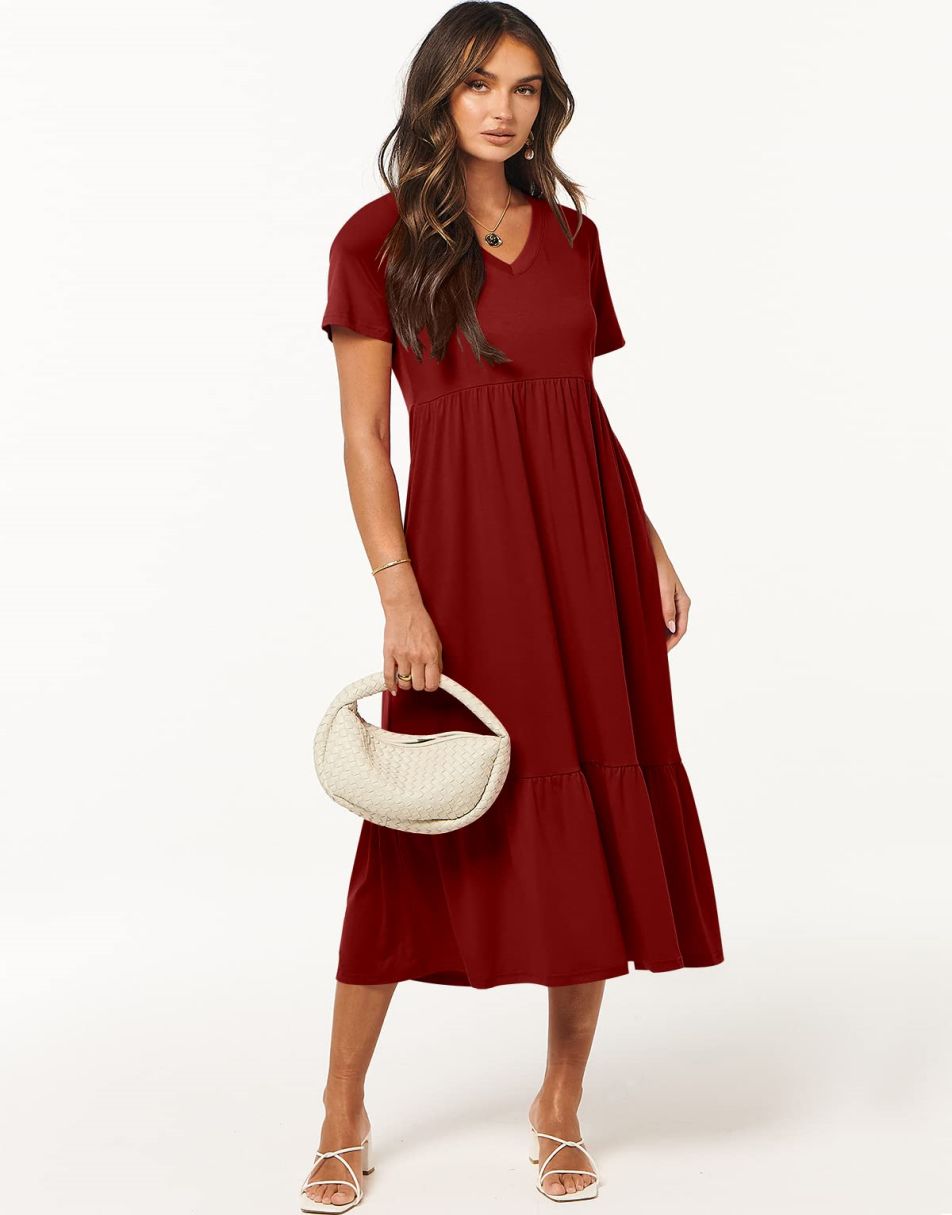 ANRABESS V-Neck Tiered Maxi Beach Dress with Pockets