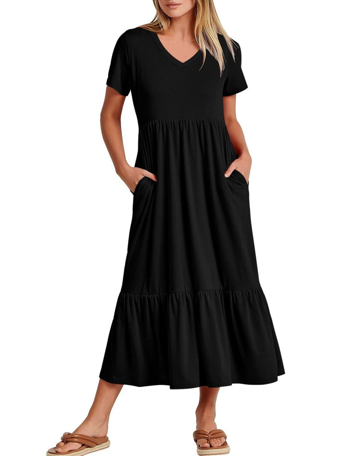ANRABESS V-Neck Tiered Maxi Beach Dress with Pockets