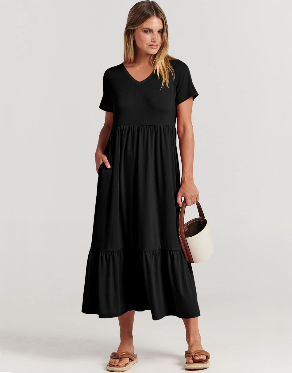 ANRABESS V-Neck Tiered Maxi Beach Dress with Pockets