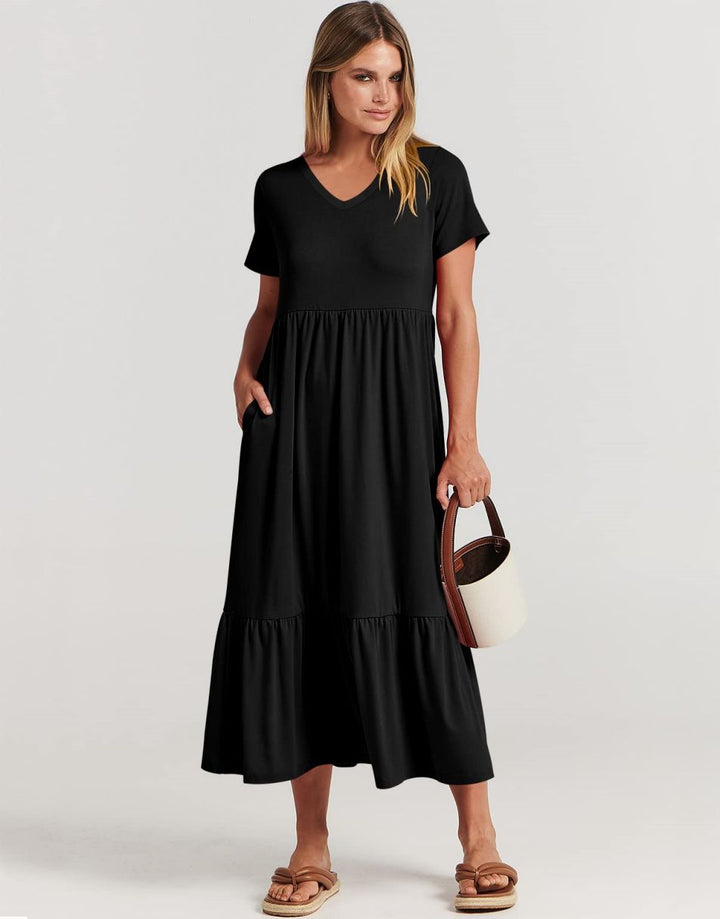 ANRABESS V-Neck Tiered Maxi Beach Dress with Pockets