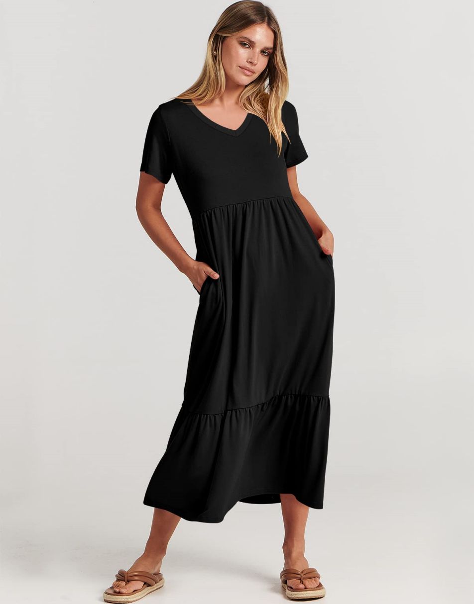 ANRABESS V-Neck Tiered Maxi Beach Dress with Pockets