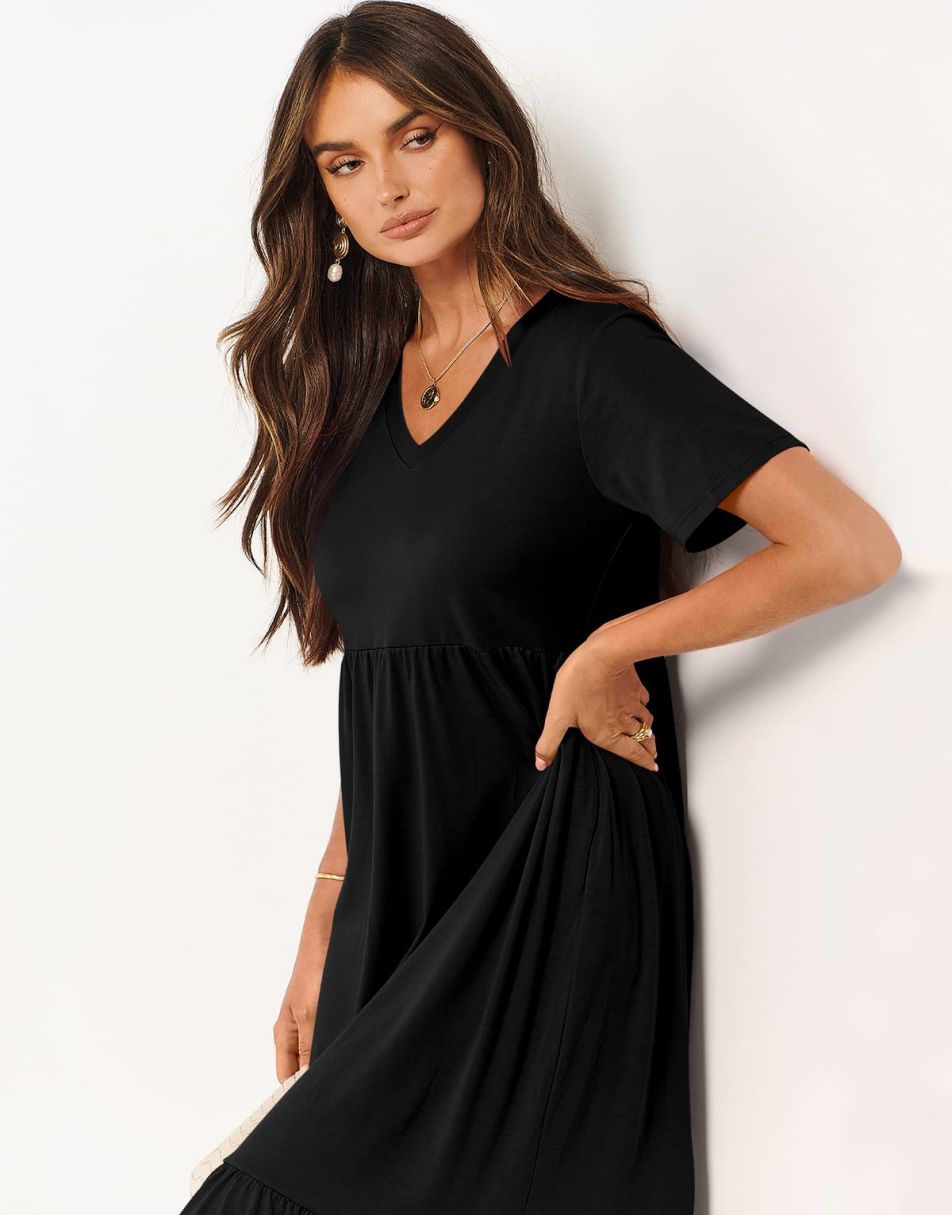 ANRABESS V-Neck Tiered Maxi Beach Dress with Pockets