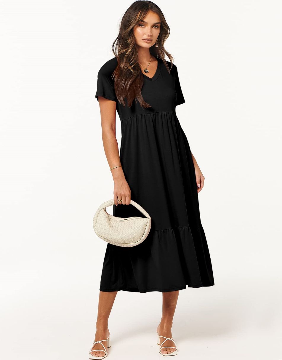 ANRABESS V-Neck Tiered Maxi Beach Dress with Pockets