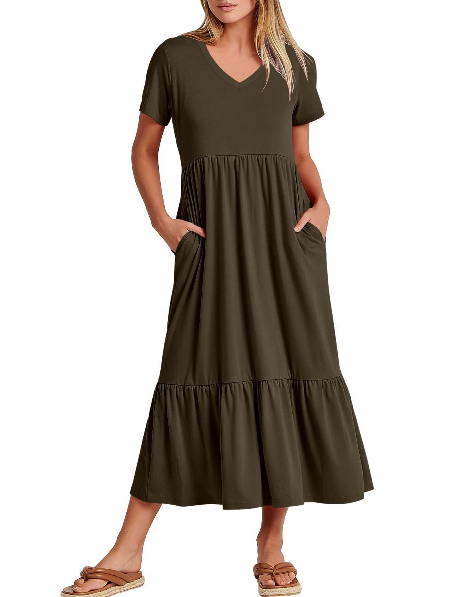 ANRABESS V-Neck Tiered Maxi Beach Dress with Pockets