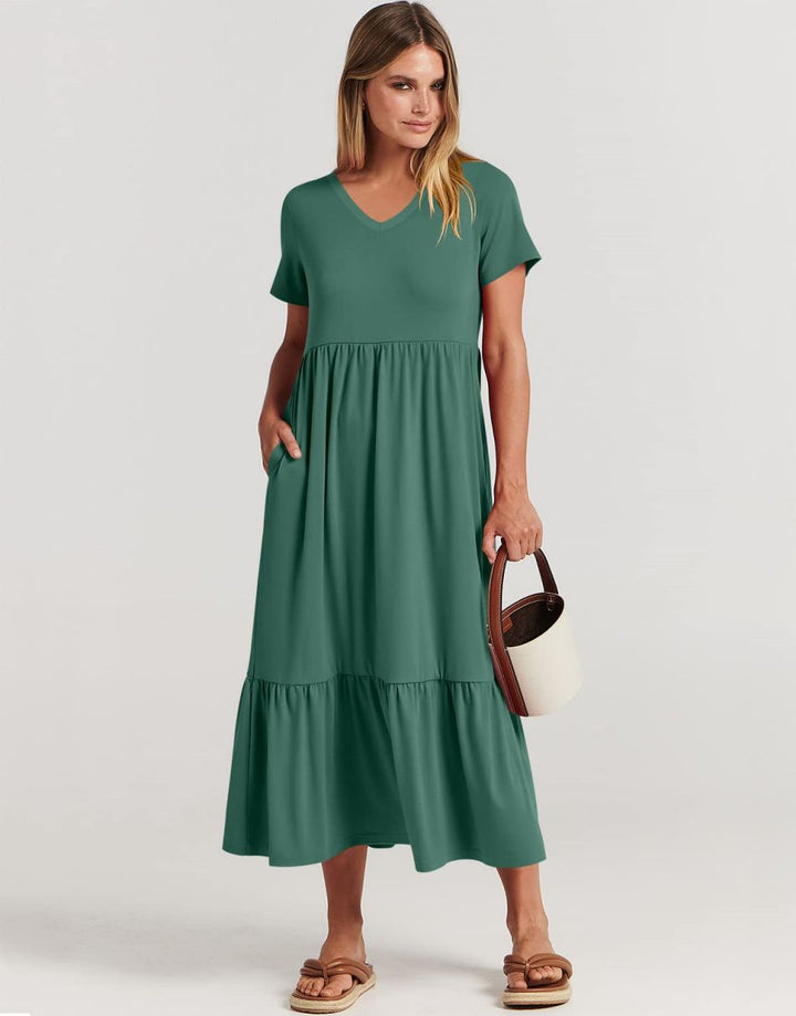 ANRABESS V-Neck Tiered Maxi Beach Dress with Pockets