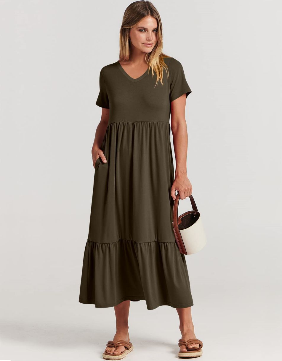 ANRABESS V-Neck Tiered Maxi Beach Dress with Pockets