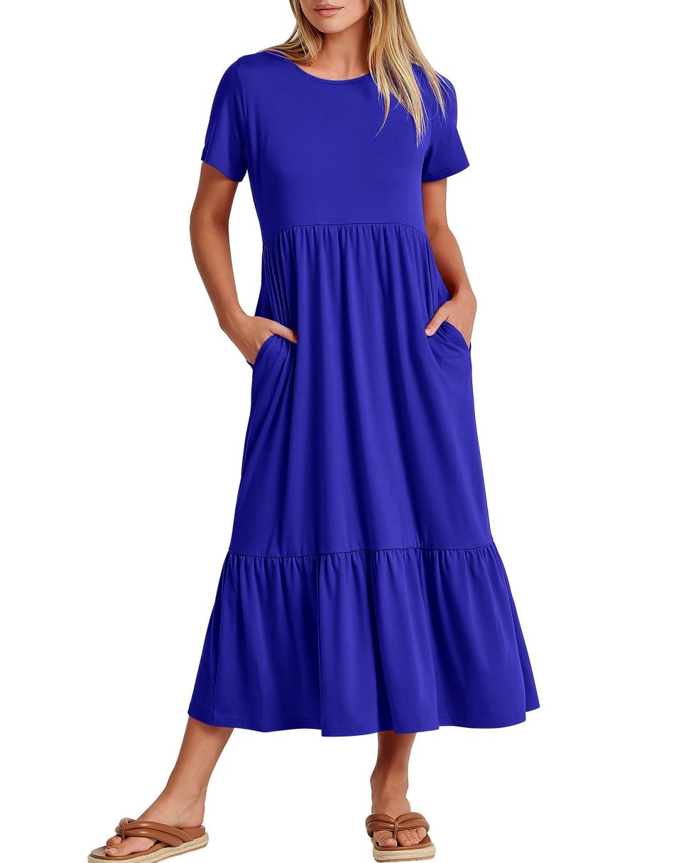 ANRABESS Womens 2026 Summer Casual Maxi Dress A line Tiered Flowy Short Sleeve Crewneck T Shirt Beach Travel Long Dresses