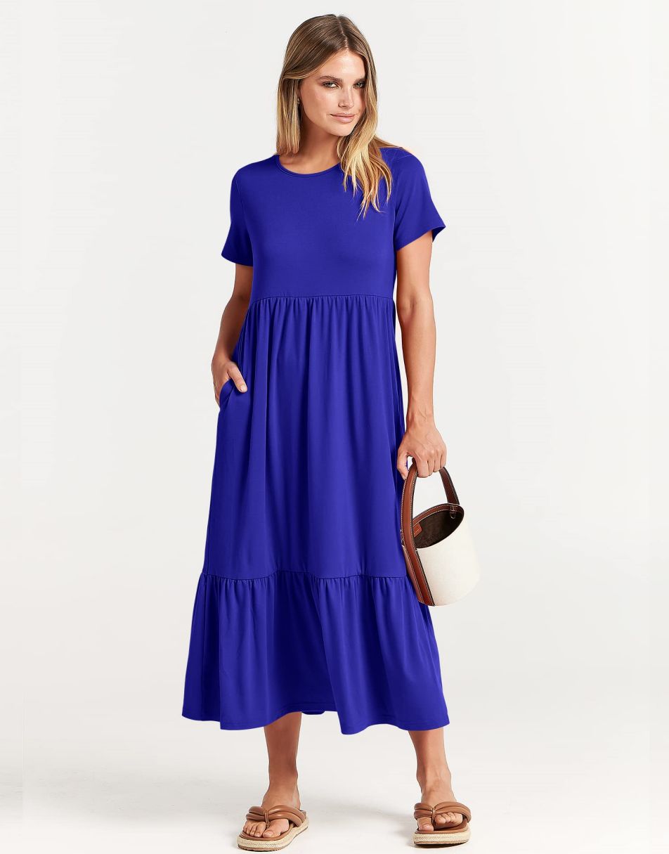 ANRABESS Womens 2026 Summer Casual Maxi Dress A line Tiered Flowy Short Sleeve Crewneck T Shirt Beach Travel Long Dresses