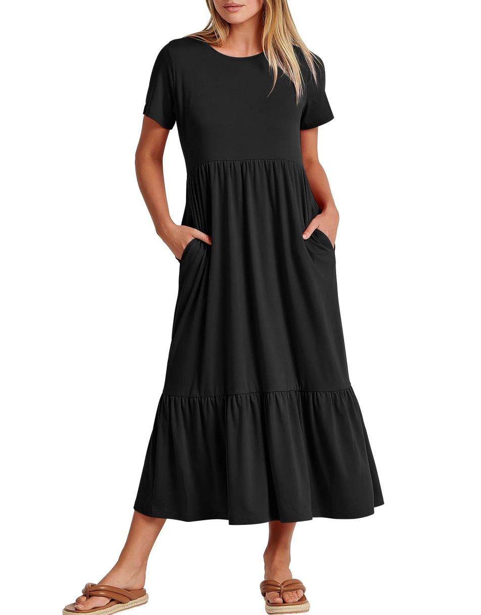 ANRABESS Womens 2026 Summer Casual Maxi Dress A line Tiered Flowy Short Sleeve Crewneck T Shirt Beach Travel Long Dresses