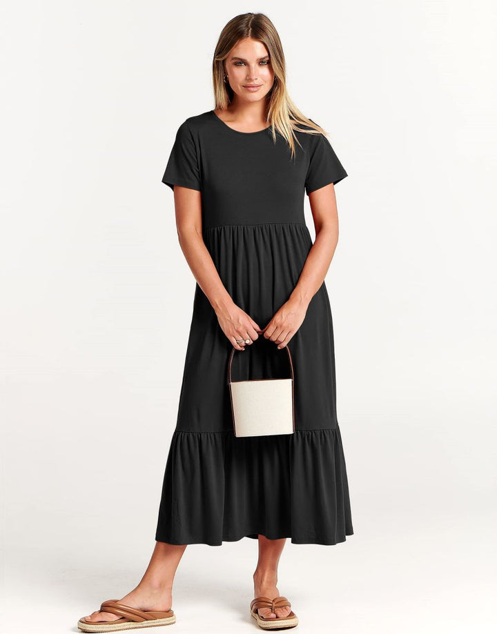 ANRABESS Womens 2026 Summer Casual Maxi Dress A line Tiered Flowy Short Sleeve Crewneck T Shirt Beach Travel Long Dresses