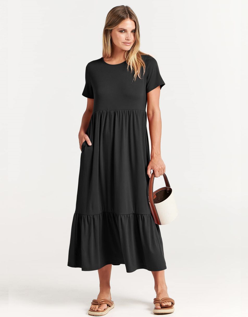 ANRABESS Womens 2026 Summer Casual Maxi Dress A line Tiered Flowy Short Sleeve Crewneck T Shirt Beach Travel Long Dresses