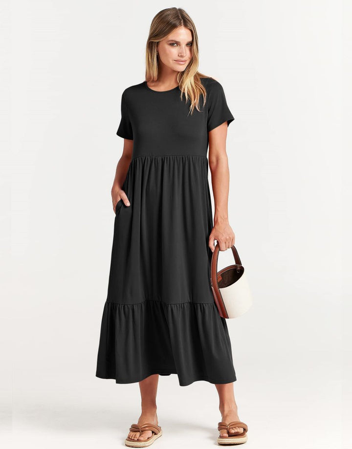 ANRABESS Womens 2026 Summer Casual Maxi Dress A line Tiered Flowy Short Sleeve Crewneck T Shirt Beach Travel Long Dresses
