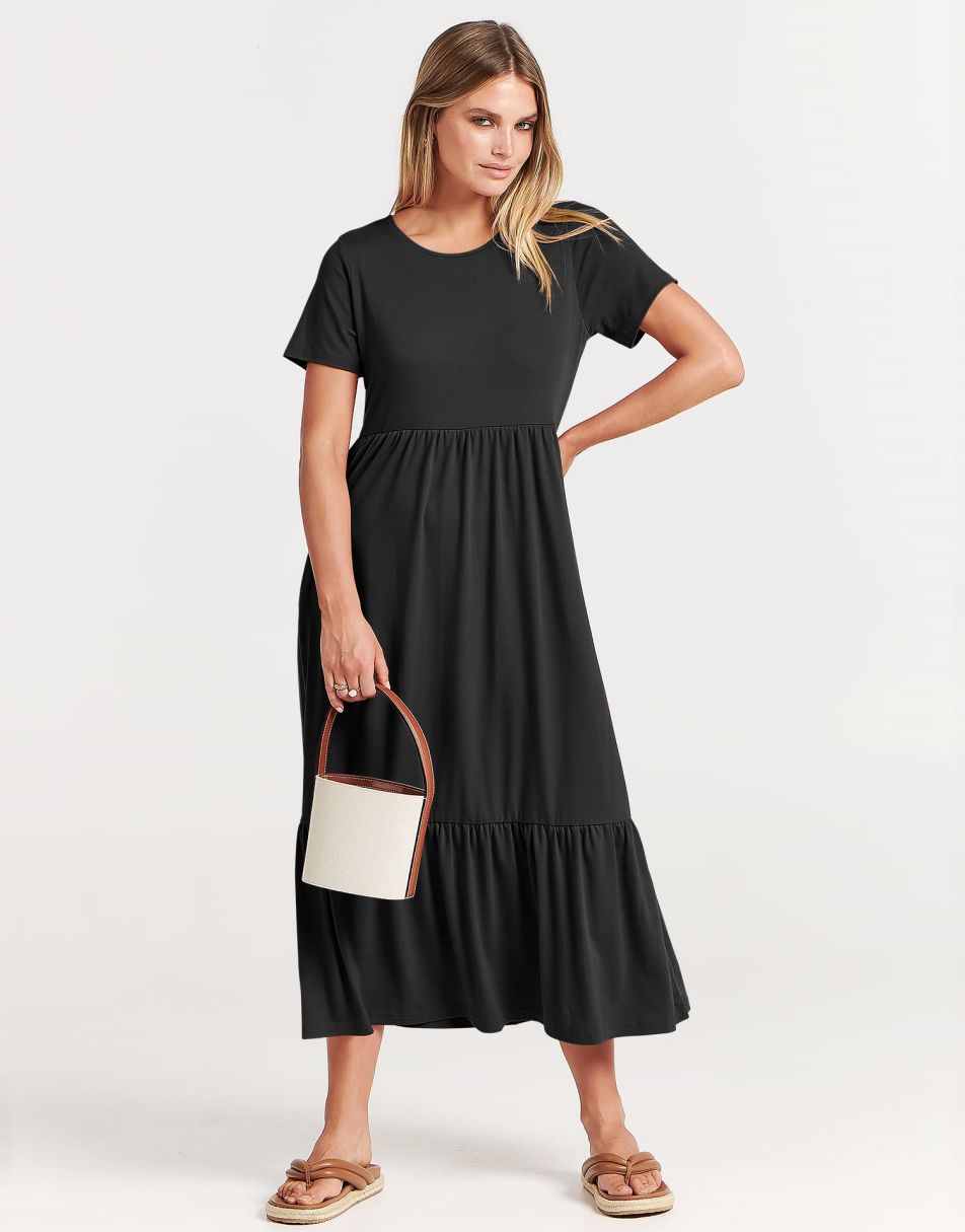 ANRABESS Womens 2026 Summer Casual Maxi Dress A line Tiered Flowy Short Sleeve Crewneck T Shirt Beach Travel Long Dresses