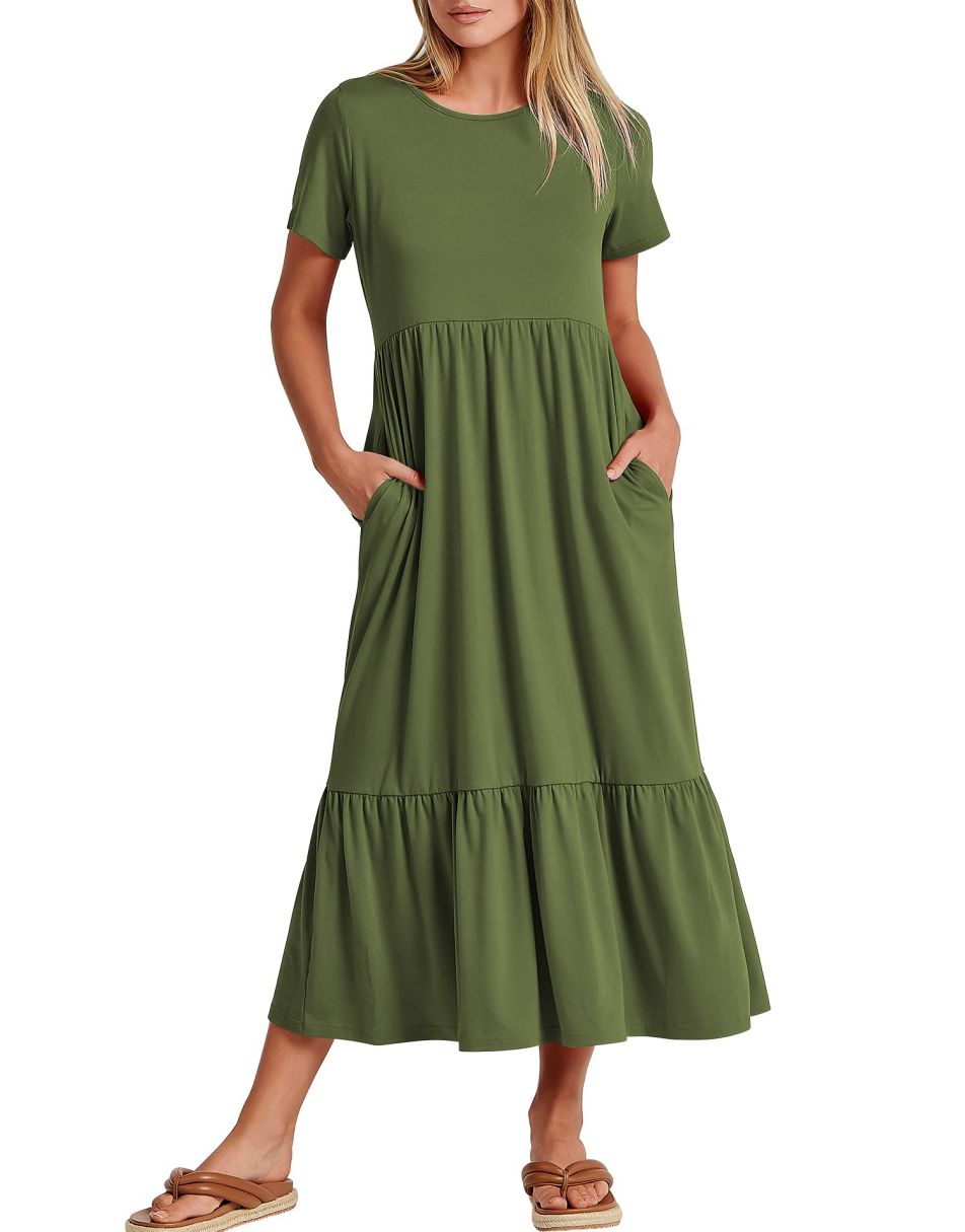 ANRABESS Womens 2026 Summer Casual Maxi Dress A line Tiered Flowy Short Sleeve Crewneck T Shirt Beach Travel Long Dresses