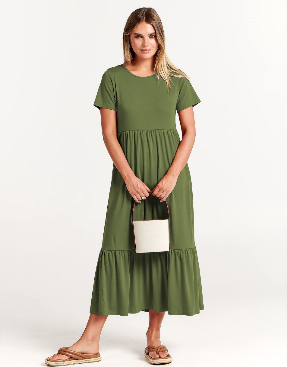 ANRABESS Womens 2026 Summer Casual Maxi Dress A line Tiered Flowy Short Sleeve Crewneck T Shirt Beach Travel Long Dresses