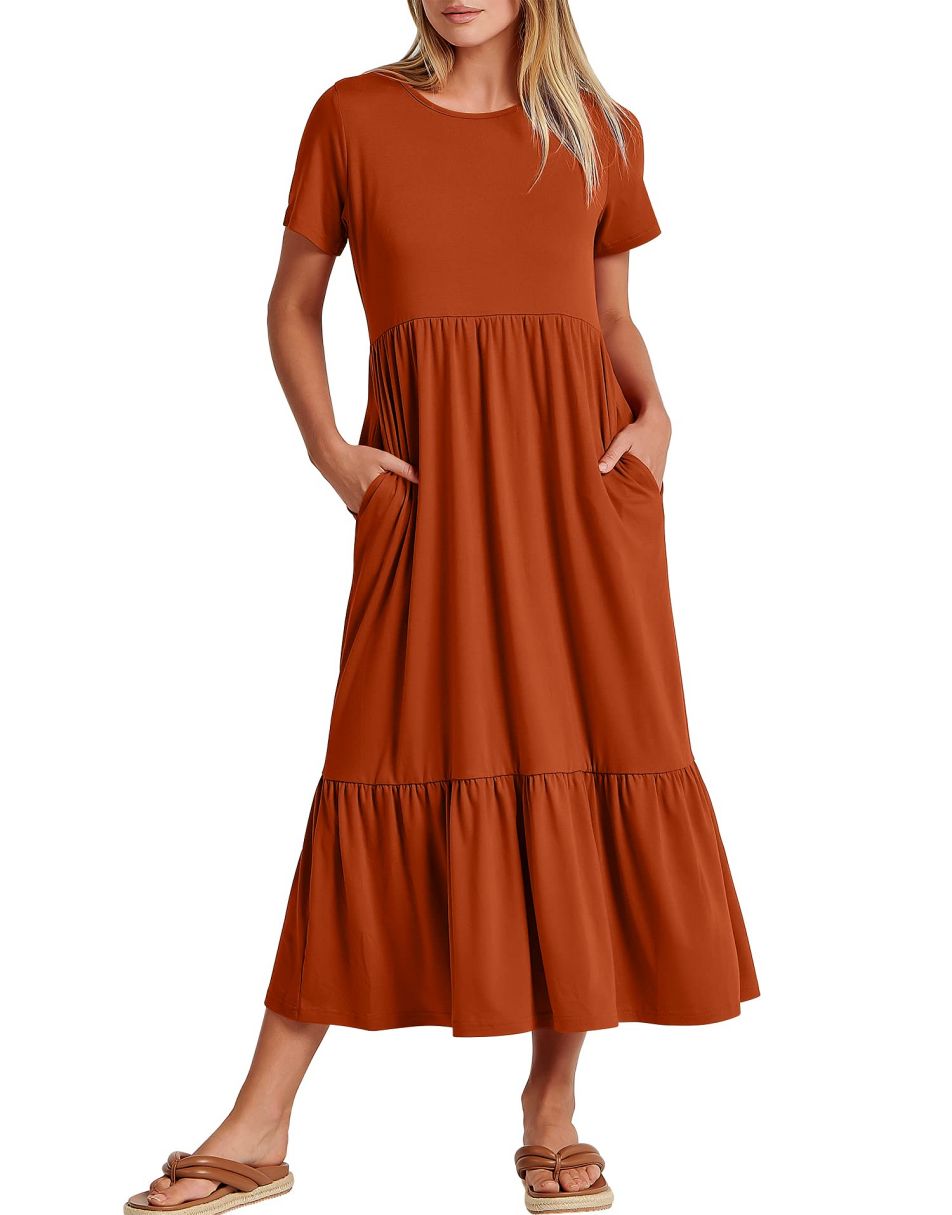 ANRABESS Womens 2026 Summer Casual Maxi Dress A line Tiered Flowy Short Sleeve Crewneck T Shirt Beach Travel Long Dresses