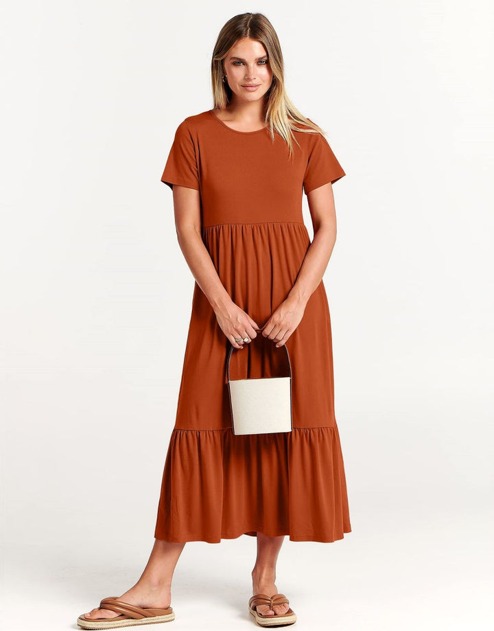 ANRABESS Womens 2026 Summer Casual Maxi Dress A line Tiered Flowy Short Sleeve Crewneck T Shirt Beach Travel Long Dresses