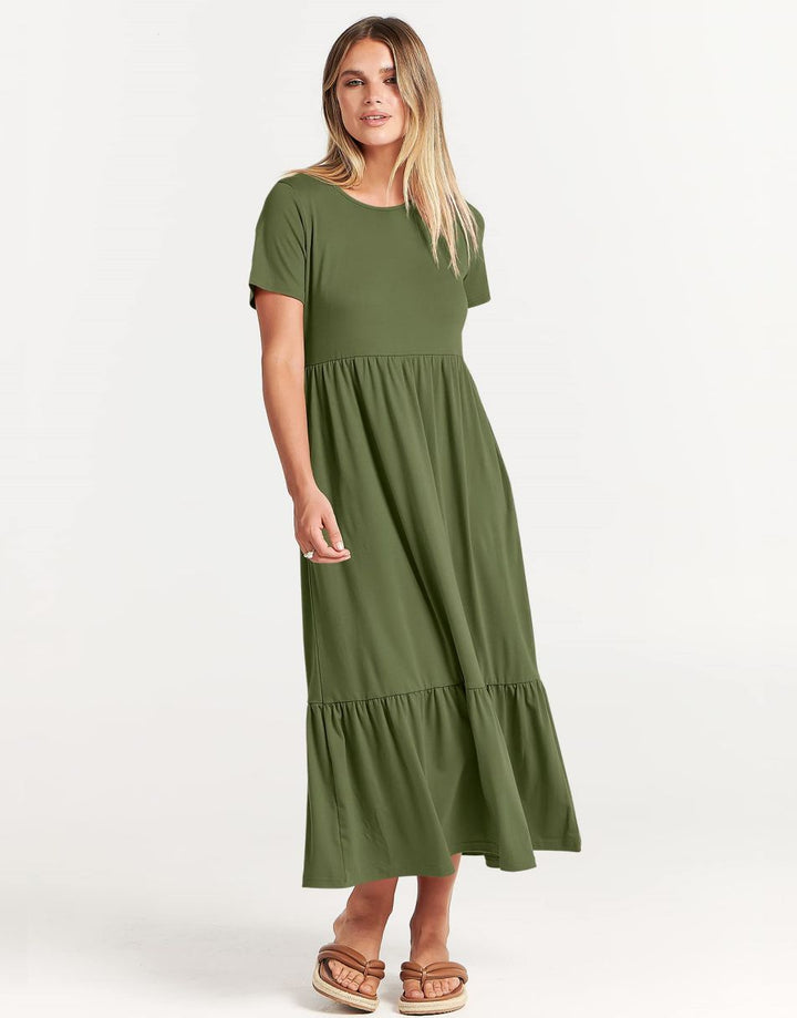 ANRABESS Womens 2026 Summer Casual Maxi Dress A line Tiered Flowy Short Sleeve Crewneck T Shirt Beach Travel Long Dresses