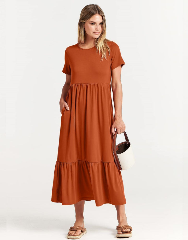 ANRABESS Womens 2026 Summer Casual Maxi Dress A line Tiered Flowy Short Sleeve Crewneck T Shirt Beach Travel Long Dresses