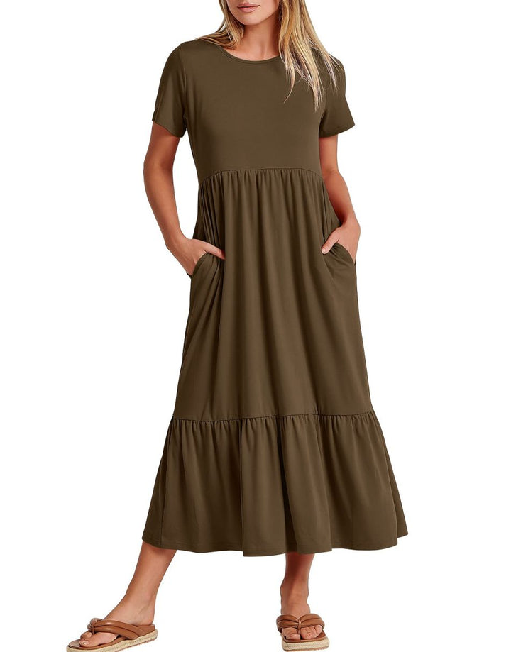 ANRABESS Womens 2026 Summer Casual Maxi Dress A line Tiered Flowy Short Sleeve Crewneck T Shirt Beach Travel Long Dresses