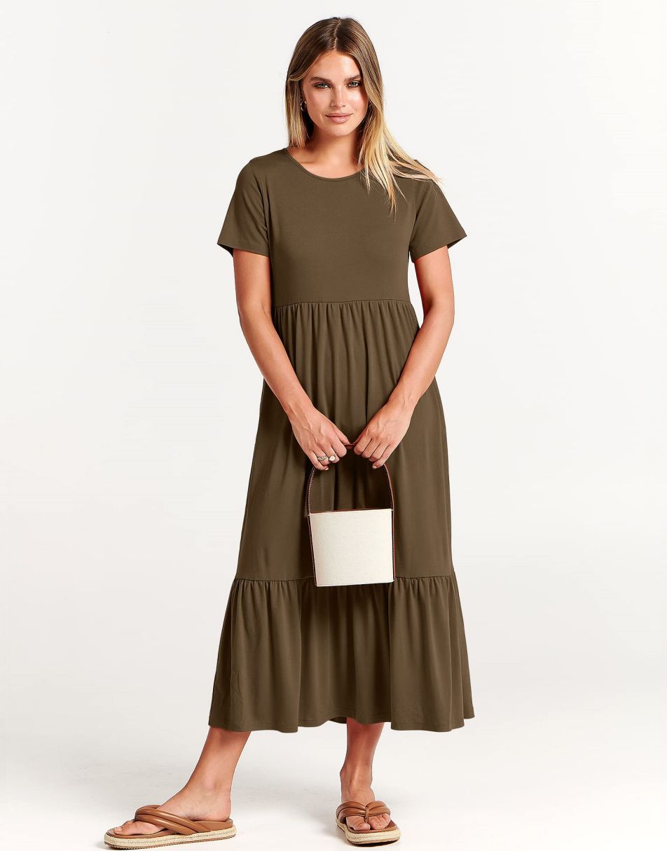 ANRABESS Womens 2026 Summer Casual Maxi Dress A line Tiered Flowy Short Sleeve Crewneck T Shirt Beach Travel Long Dresses