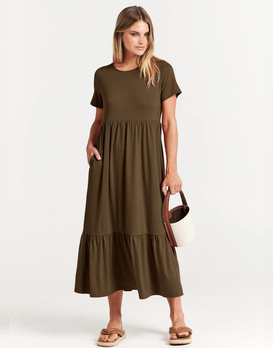 ANRABESS Womens 2026 Summer Casual Maxi Dress A line Tiered Flowy Short Sleeve Crewneck T Shirt Beach Travel Long Dresses
