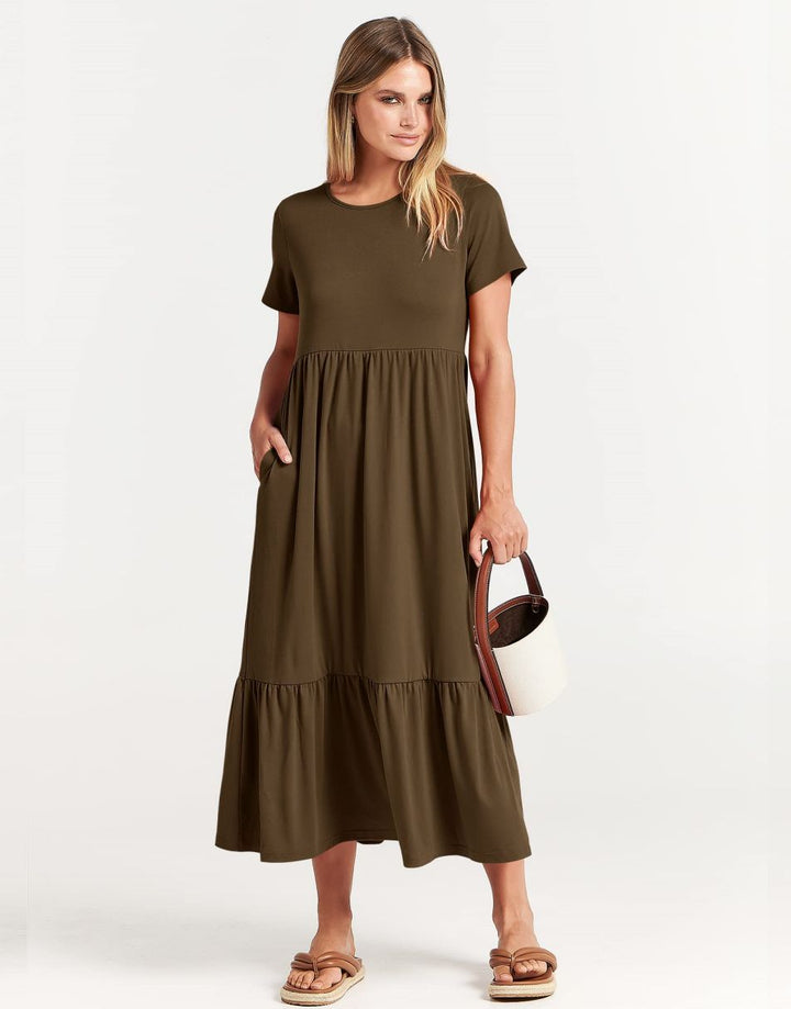 ANRABESS Womens 2026 Summer Casual Maxi Dress A line Tiered Flowy Short Sleeve Crewneck T Shirt Beach Travel Long Dresses