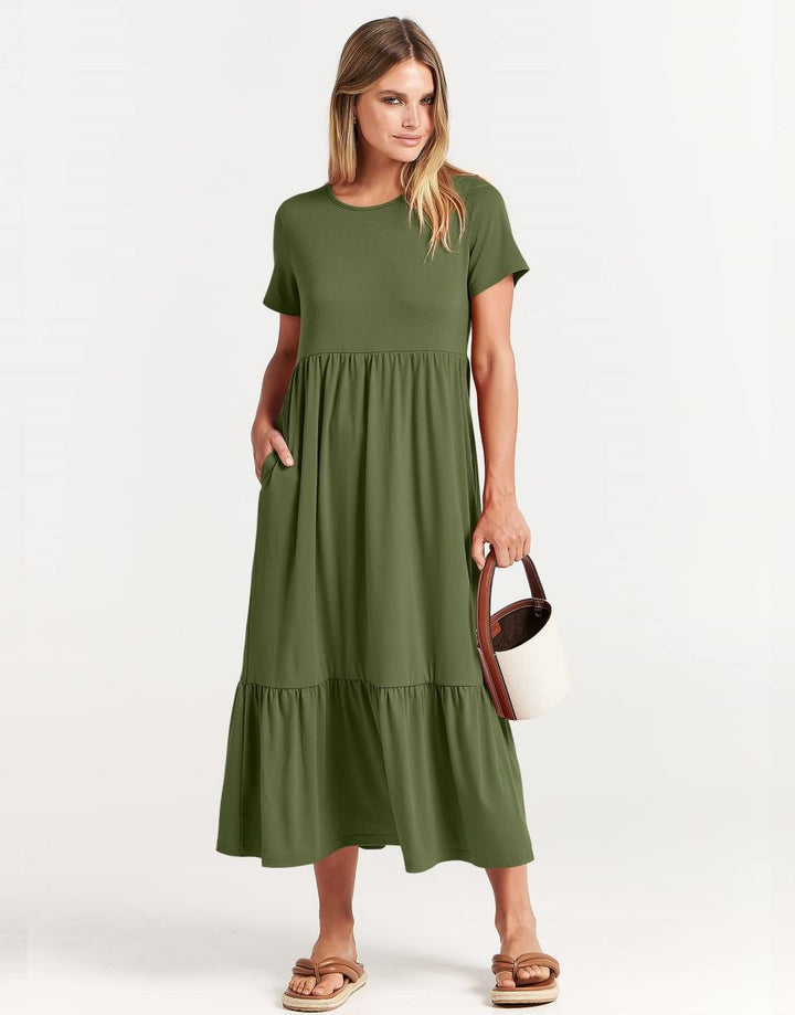 ANRABESS Womens 2026 Summer Casual Maxi Dress A line Tiered Flowy Short Sleeve Crewneck T Shirt Beach Travel Long Dresses