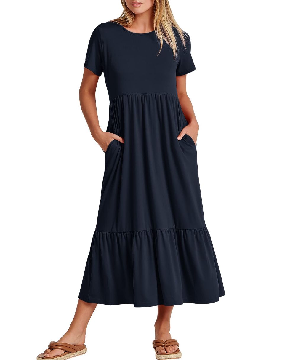 ANRABESS Womens 2026 Summer Casual Maxi Dress A line Tiered Flowy Short Sleeve Crewneck T Shirt Beach Travel Long Dresses