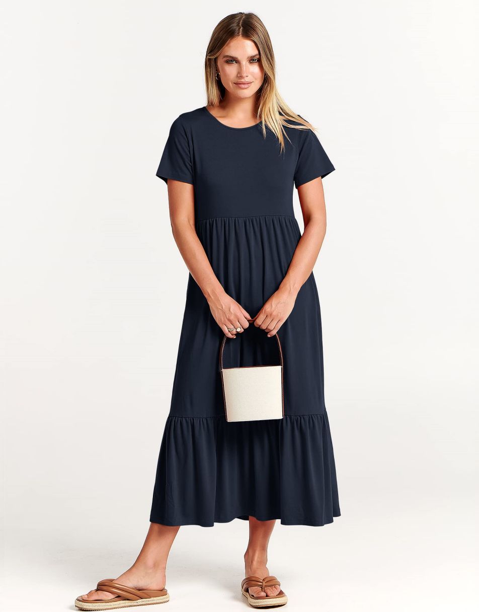 ANRABESS Womens 2026 Summer Casual Maxi Dress A line Tiered Flowy Short Sleeve Crewneck T Shirt Beach Travel Long Dresses