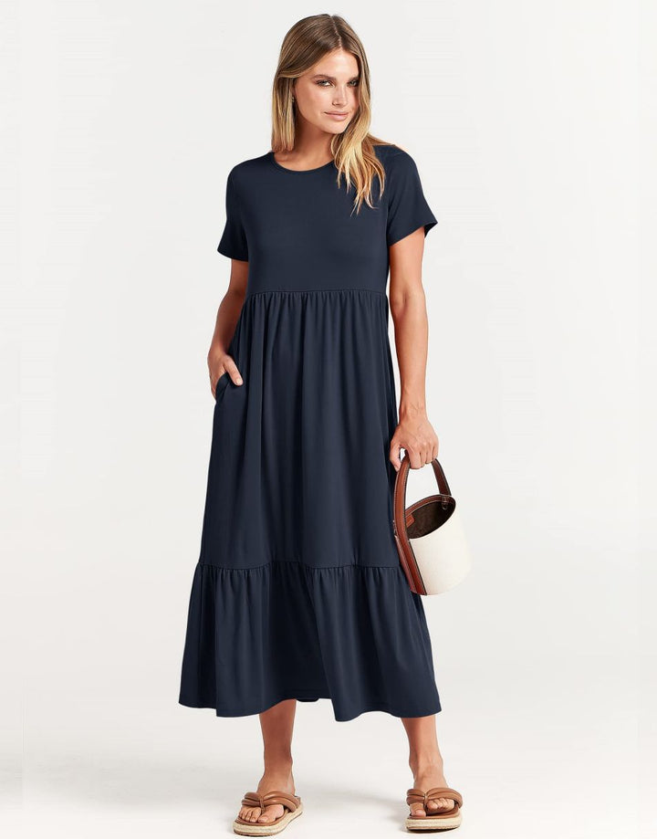 ANRABESS Womens 2026 Summer Casual Maxi Dress A line Tiered Flowy Short Sleeve Crewneck T Shirt Beach Travel Long Dresses