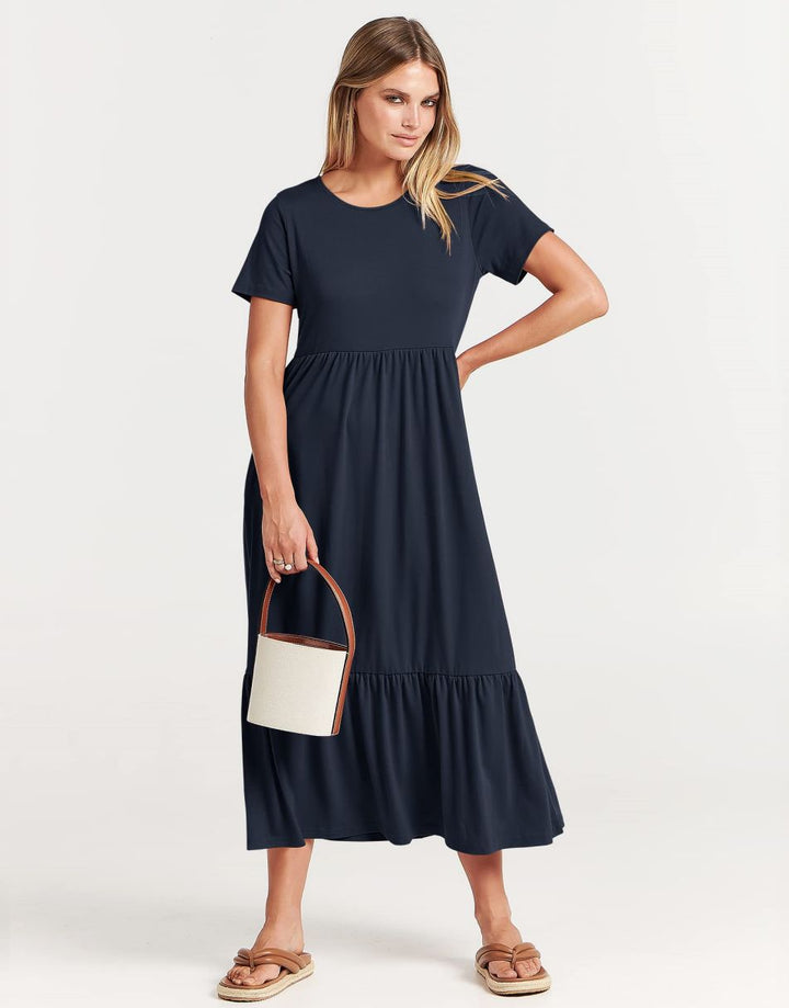 ANRABESS Womens 2026 Summer Casual Maxi Dress A line Tiered Flowy Short Sleeve Crewneck T Shirt Beach Travel Long Dresses