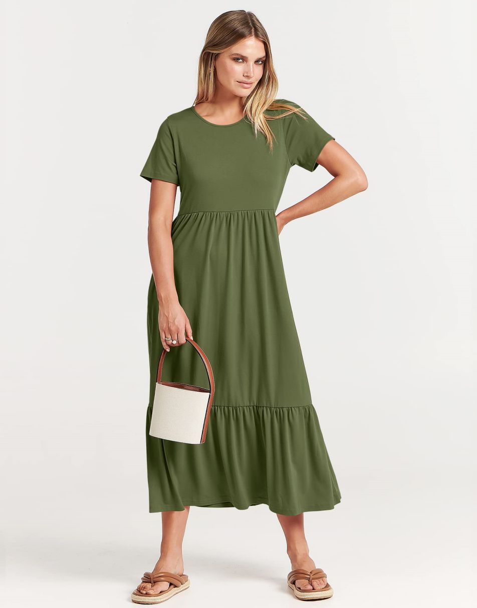 ANRABESS Womens 2026 Summer Casual Maxi Dress A line Tiered Flowy Short Sleeve Crewneck T Shirt Beach Travel Long Dresses