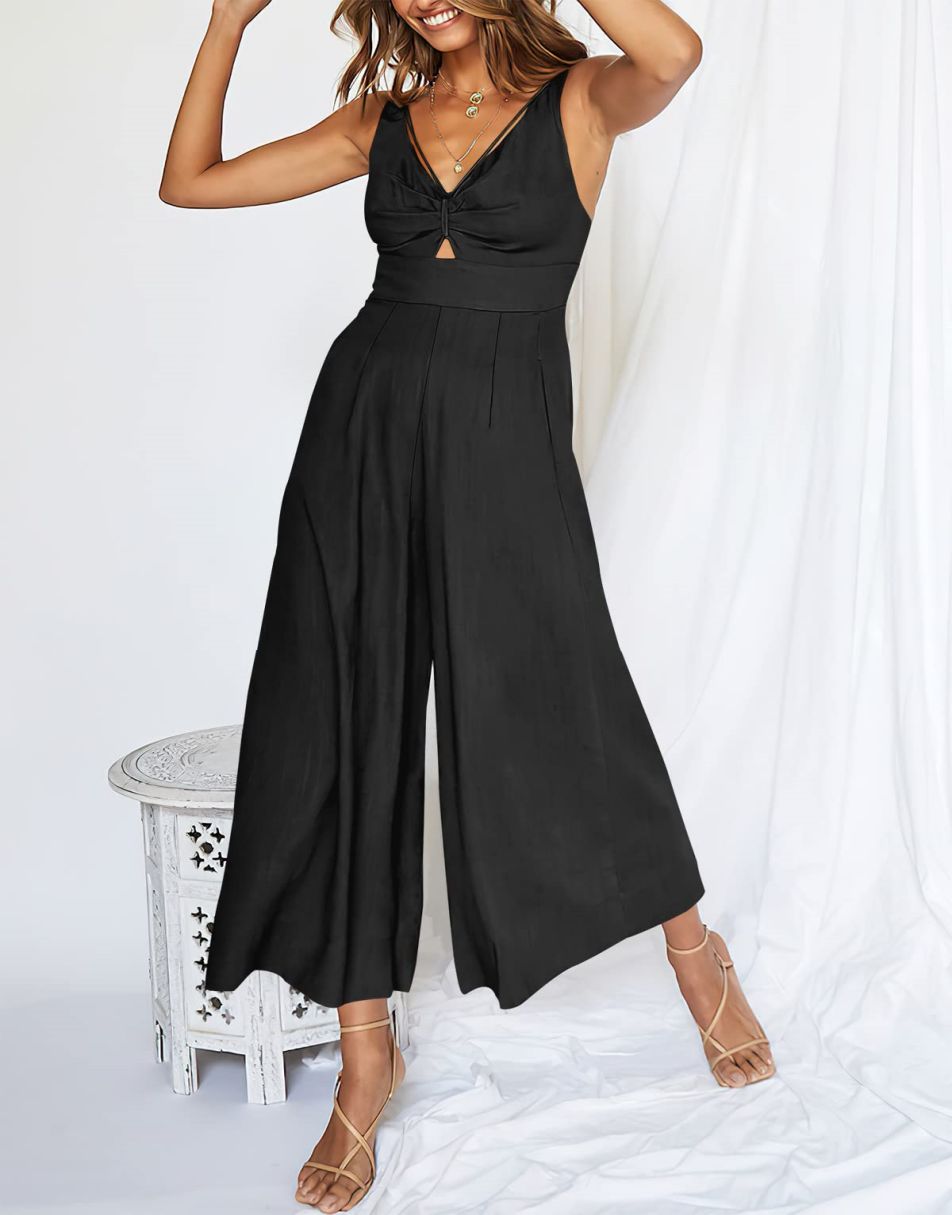 ANRABESS Wide Leg V-Neck Jumpsuit with Adjustable Straps