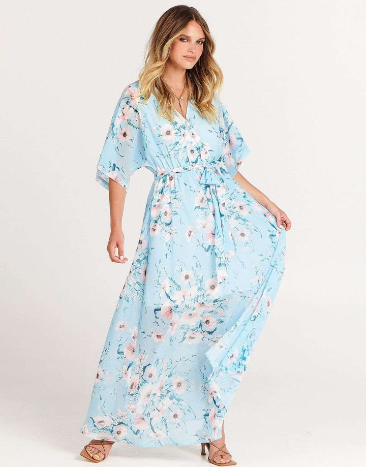 ANRABESS Floral Print Kimono Wrap V-Neck Long Dress