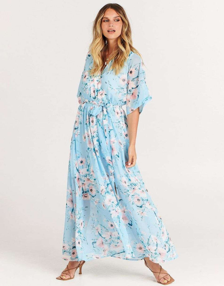 ANRABESS Floral Print Kimono Wrap V-Neck Long Dress