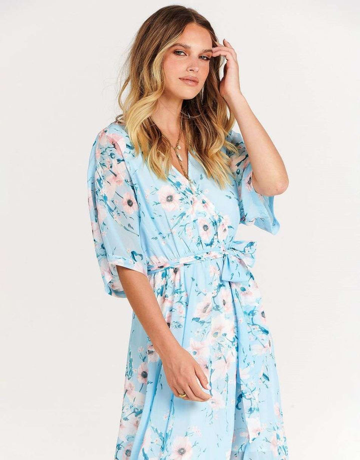 ANRABESS Floral Print Kimono Wrap V-Neck Long Dress
