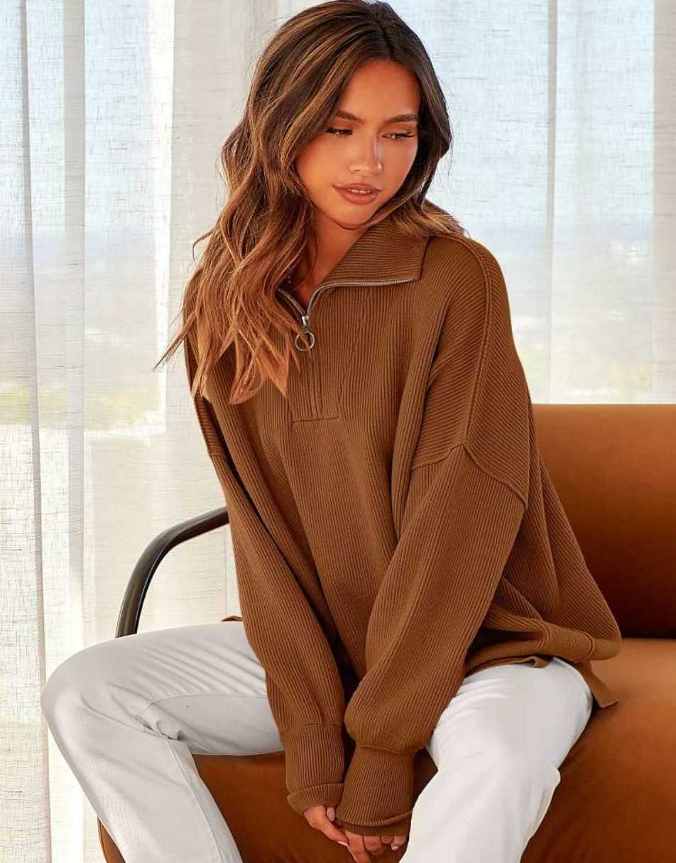 ANRABESS Oversized Quarter Zip Baggy Long Sleeve Sweater