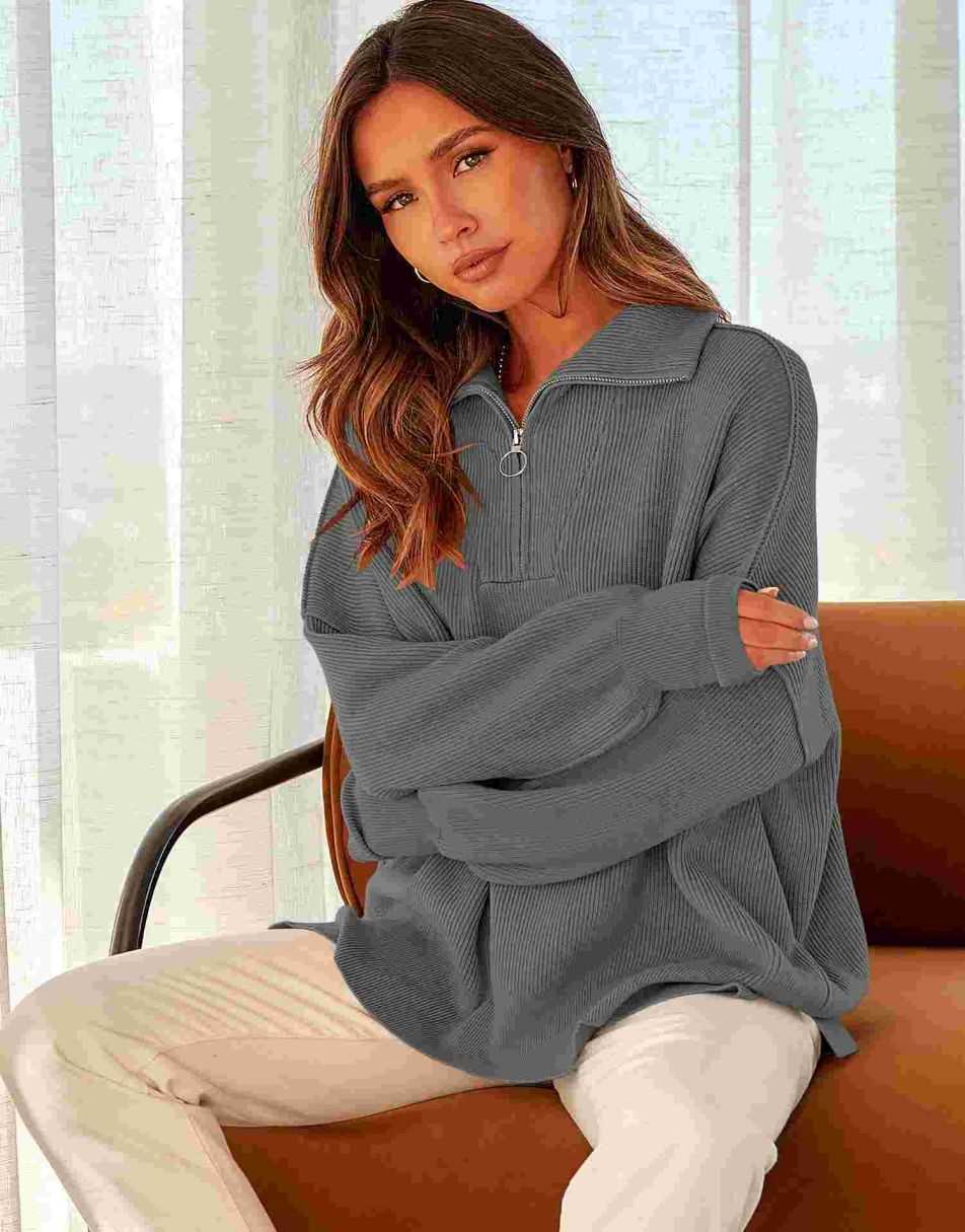 ANRABESS Oversized Quarter Zip Baggy Long Sleeve Sweater