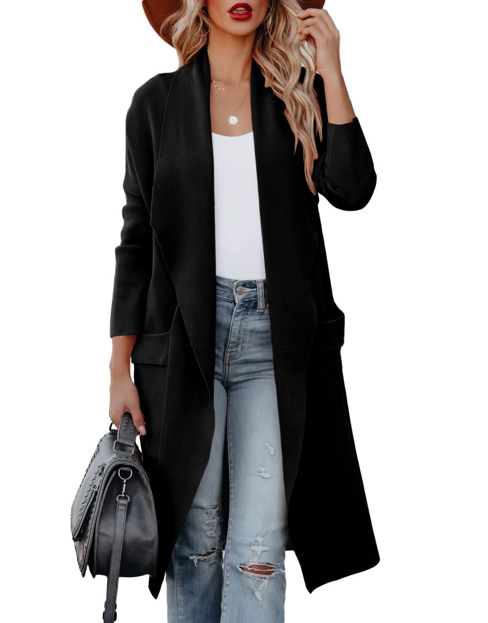 ANRABESS Long Sleeve Open Front Draped Cardigan with Pockets