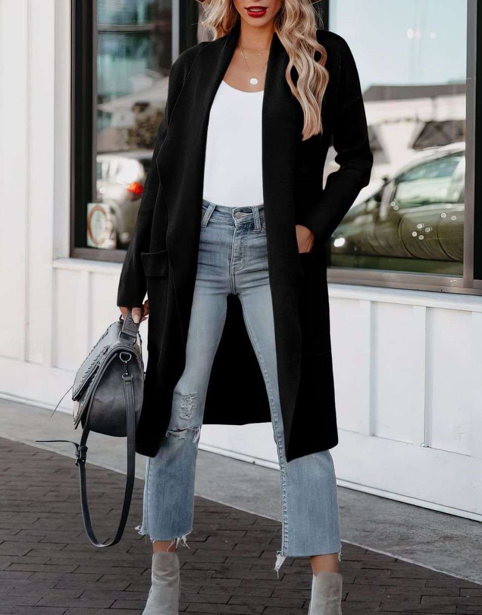 ANRABESS Long Sleeve Open Front Draped Cardigan with Pockets