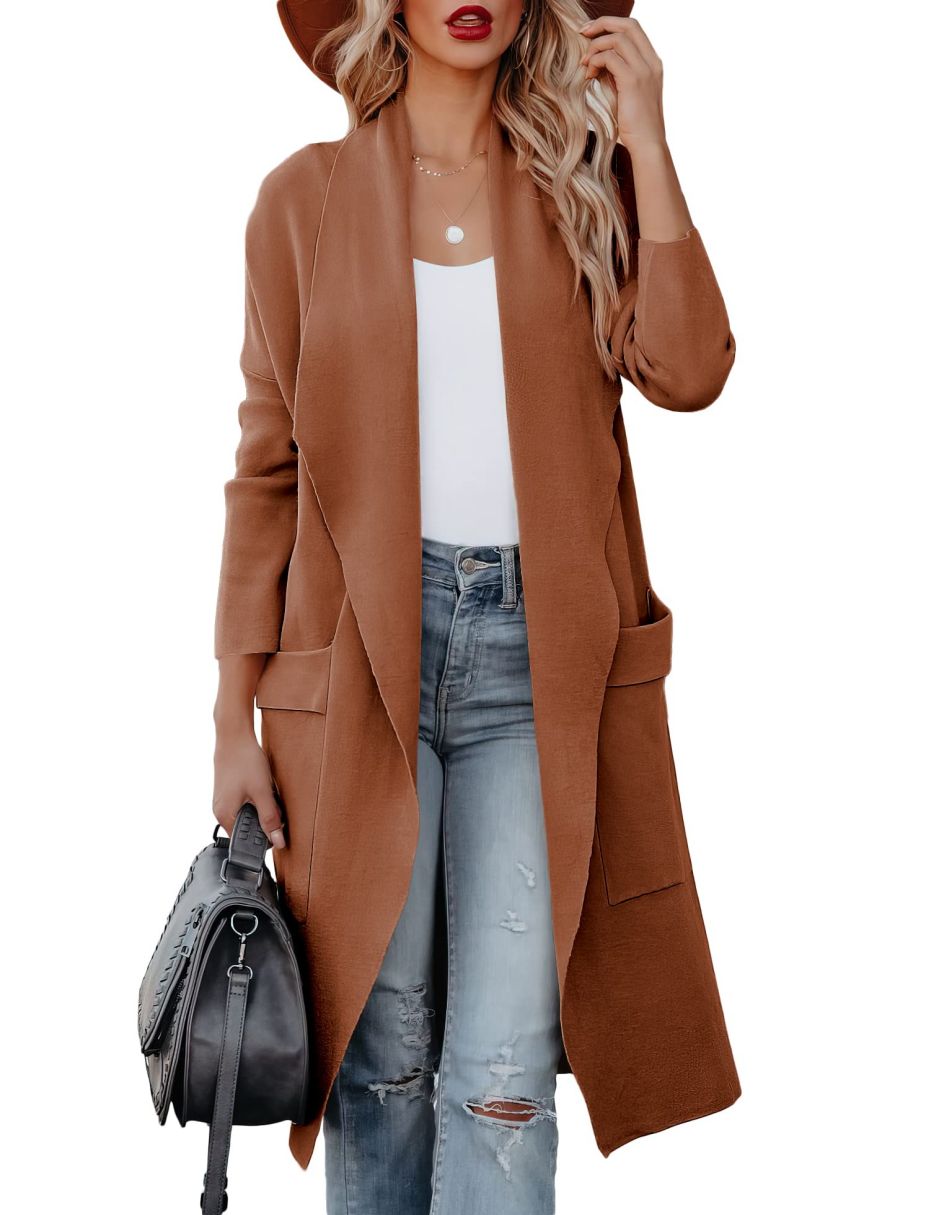 ANRABESS Long Sleeve Open Front Draped Cardigan with Pockets