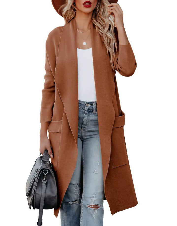 ANRABESS Long Sleeve Open Front Draped Cardigan with Pockets