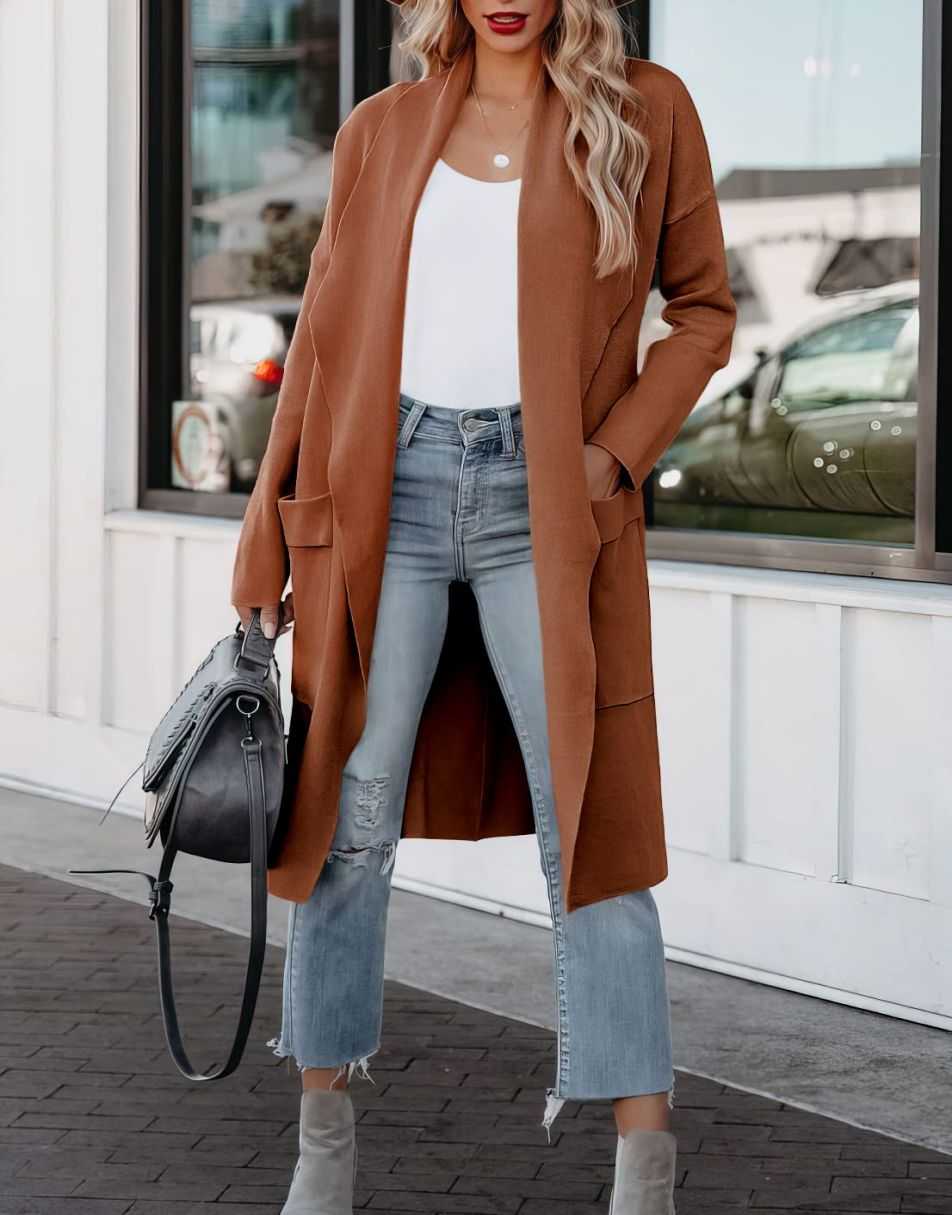 ANRABESS Long Sleeve Open Front Draped Cardigan with Pockets