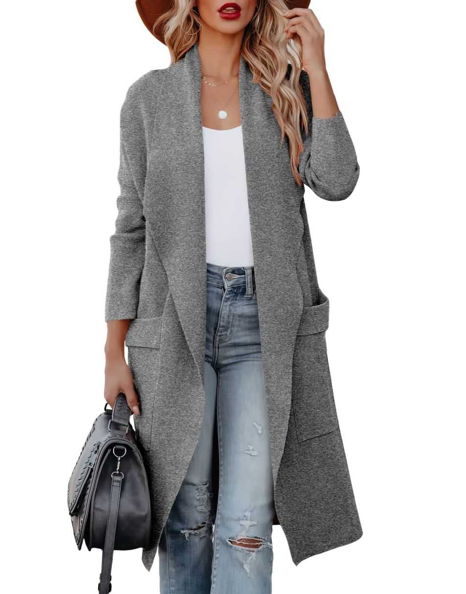 ANRABESS Long Sleeve Open Front Draped Cardigan with Pockets